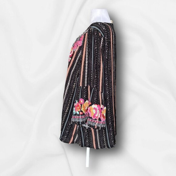 Savanna Jane Embroidered Boho Tunic Top Black Floral Stripes Bell Sleeve Sz 1X - Picture 2 of 11
